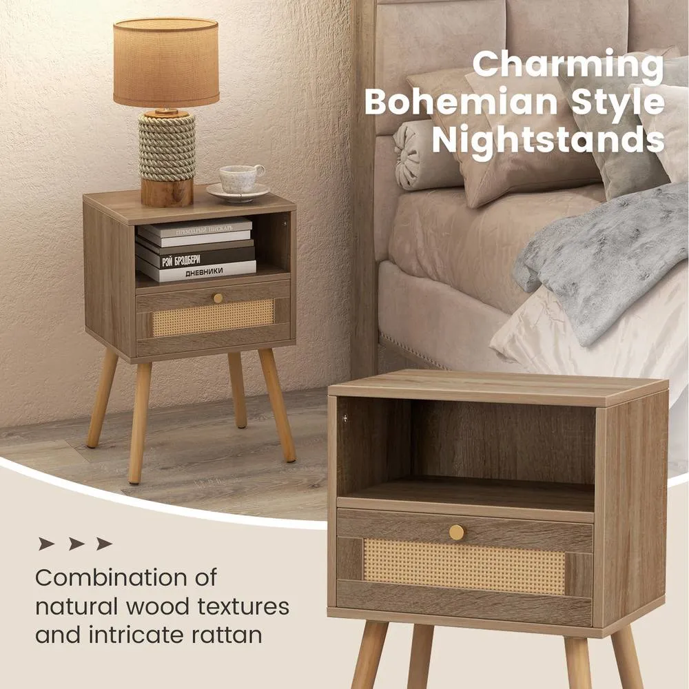 Costway Rattan Nightstand Boho End Table Drawer Shelf-Natural in Brown 5