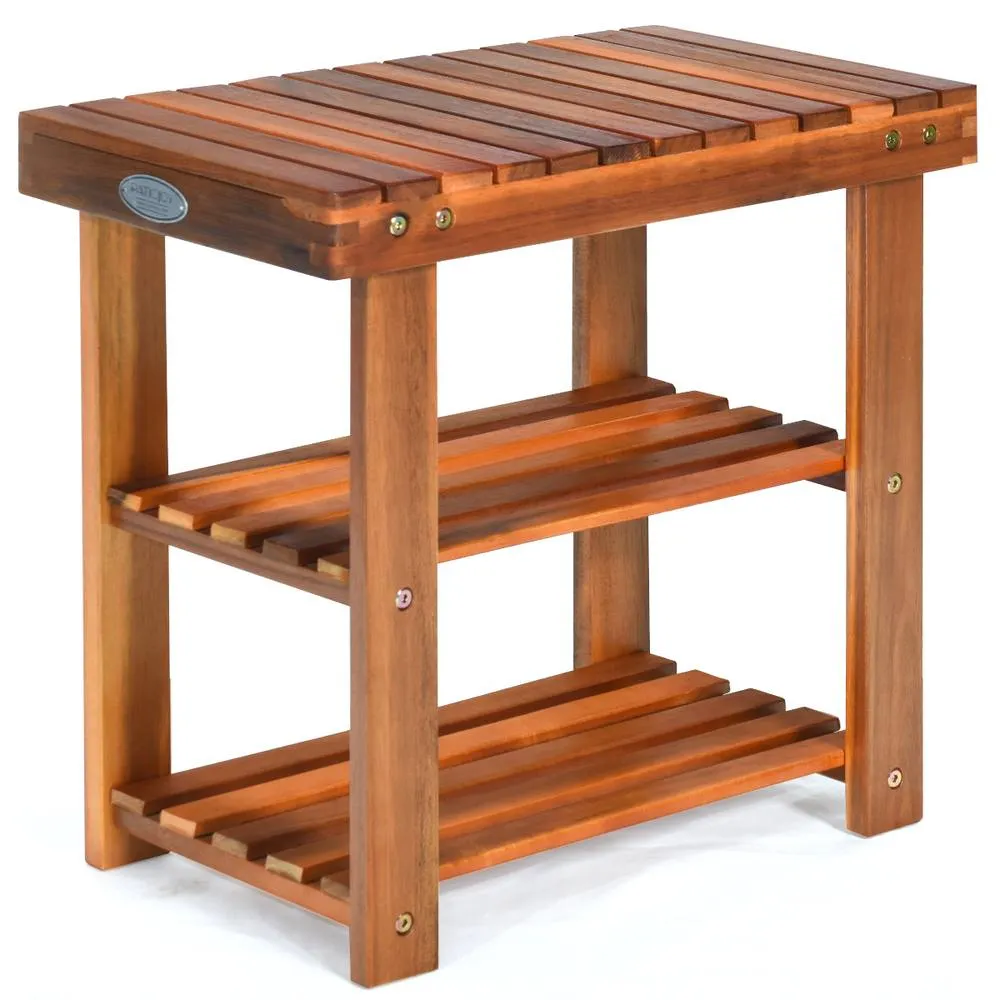 Costway Acacia Wood Shoe Rack Bench 3-Tier Shoe Organizer 50x28x45cm in Brown 4