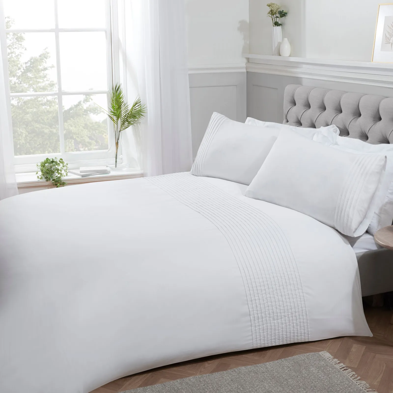 Smart Living Luxury Pintuck Pleated Striped Panel Duvet Cover With Pillowcases in White