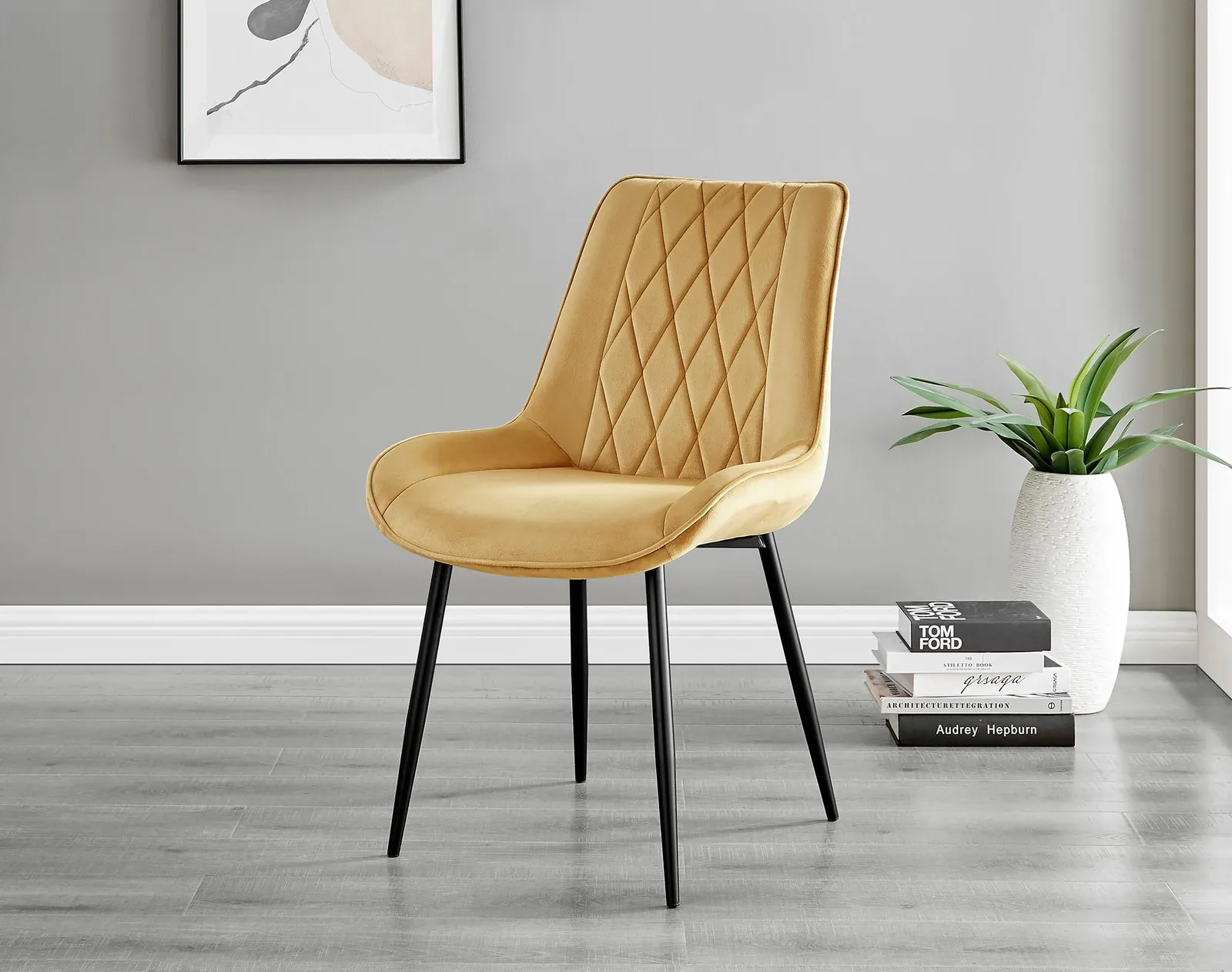 FurnitureboxUK Set of 2 Pesaro Luxury Velvet Dining Chairs With Diamond Stitched Back & Black Metal Legs in Mustard 2