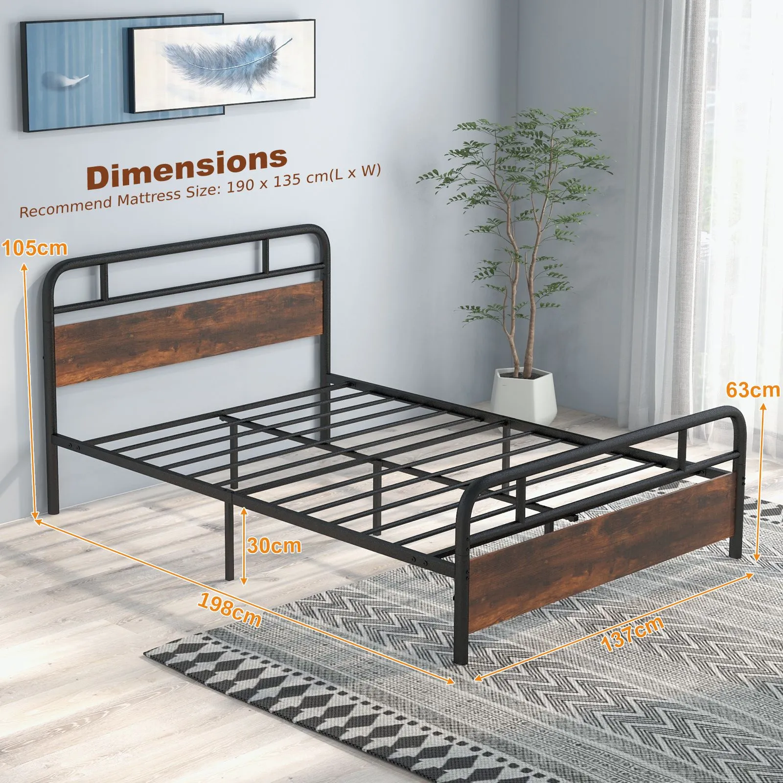 Costway Double Size Bed Frame Platform Metal Slats Support Bed W/ Industrial Headboard in Black 3