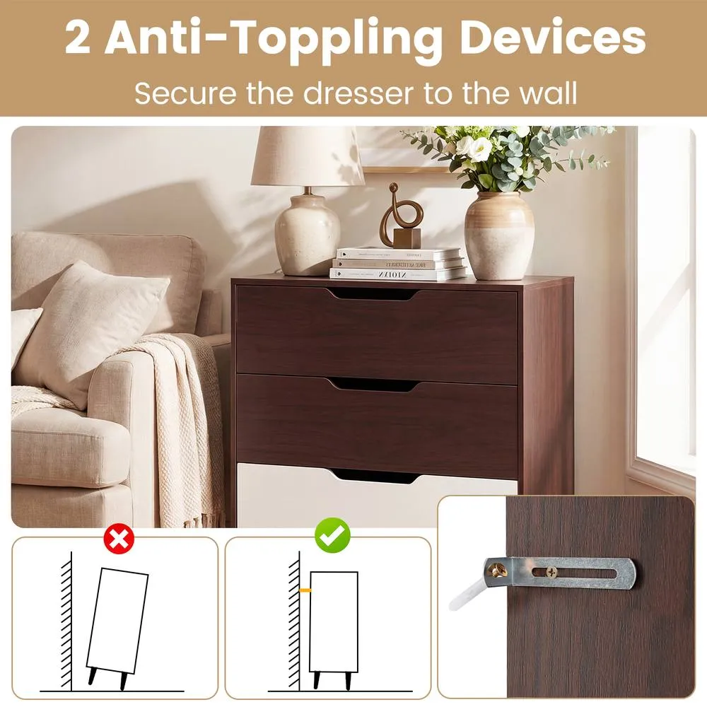 Costway Modern 3-Drawer Dresser Wooden Nightstand Metal Legs in Brown 6