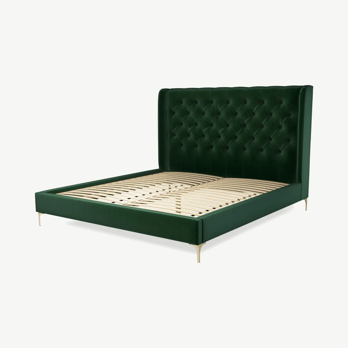 Romare Super King Size Bed, Bottle Green Velvet with Brass Legs