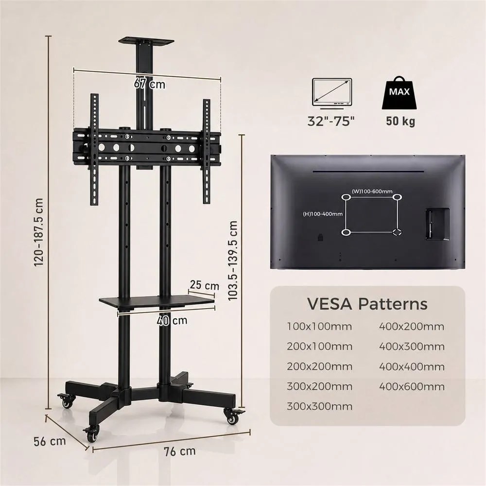 HOMCOM Mobile TV Stand on Wheels for 32-75 Inch Screens, Height Adjustable in Black 3