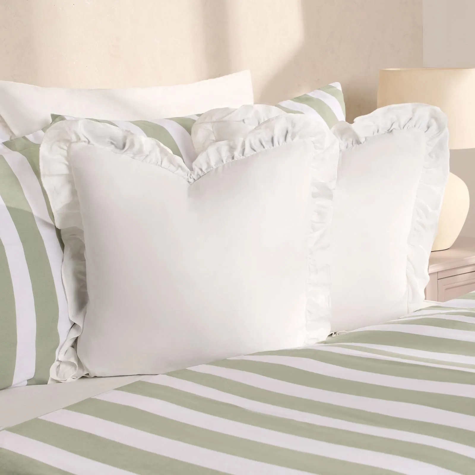 OHS 2 x Plain Faux Linen Frill Cushion Covers in White