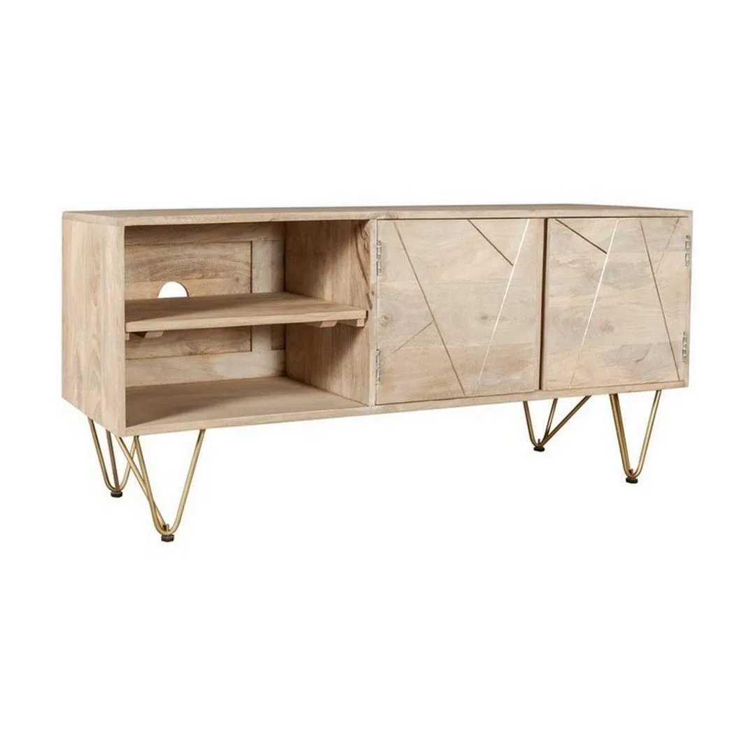 Indian Hub Light Gold Plasma Media Unit - Solid Mango Wood - L45 x W140 x H60 cm in Brown