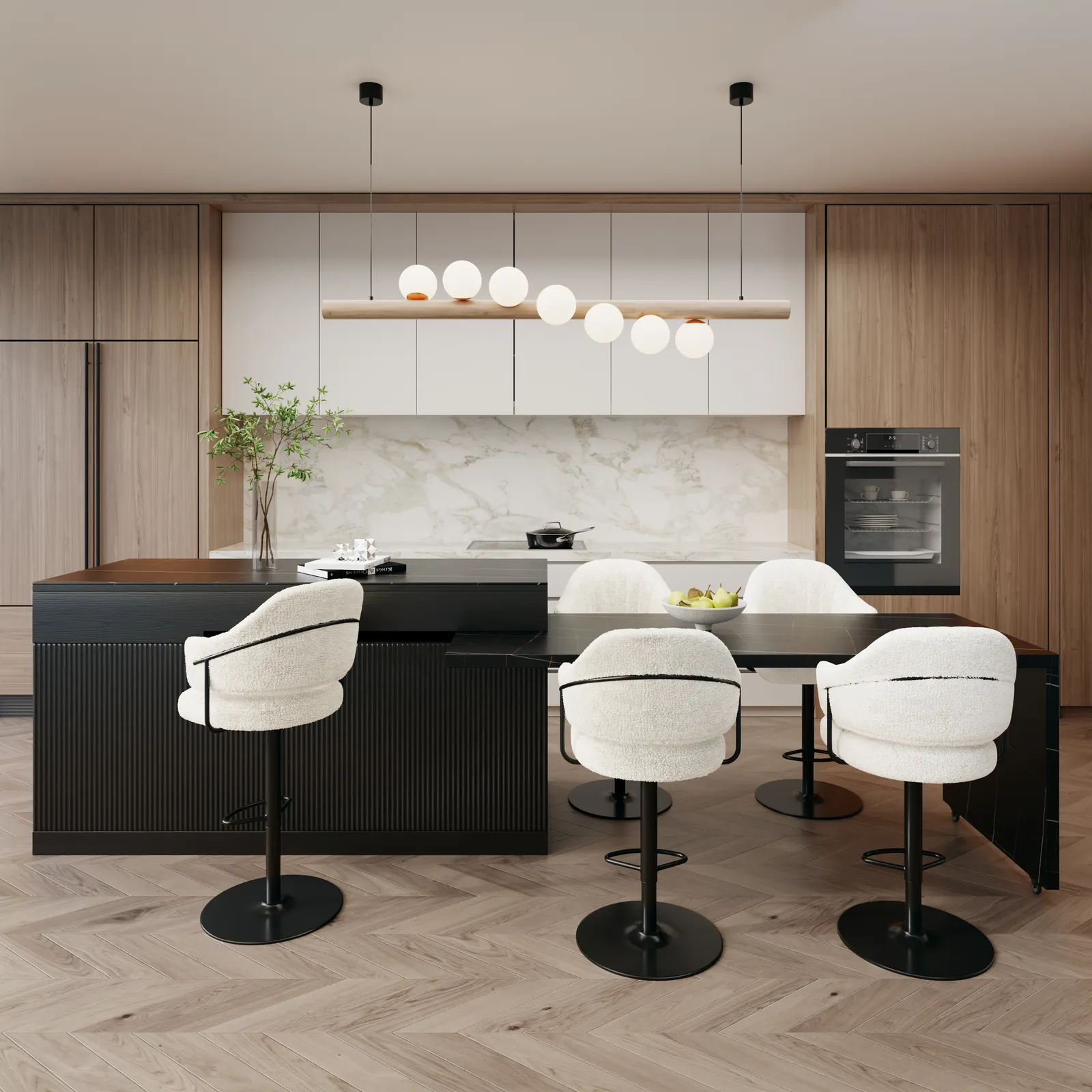 205 - 270 cm Extendable Black Kitchen lsland with Doors&Drawers Marble Pattern Top
