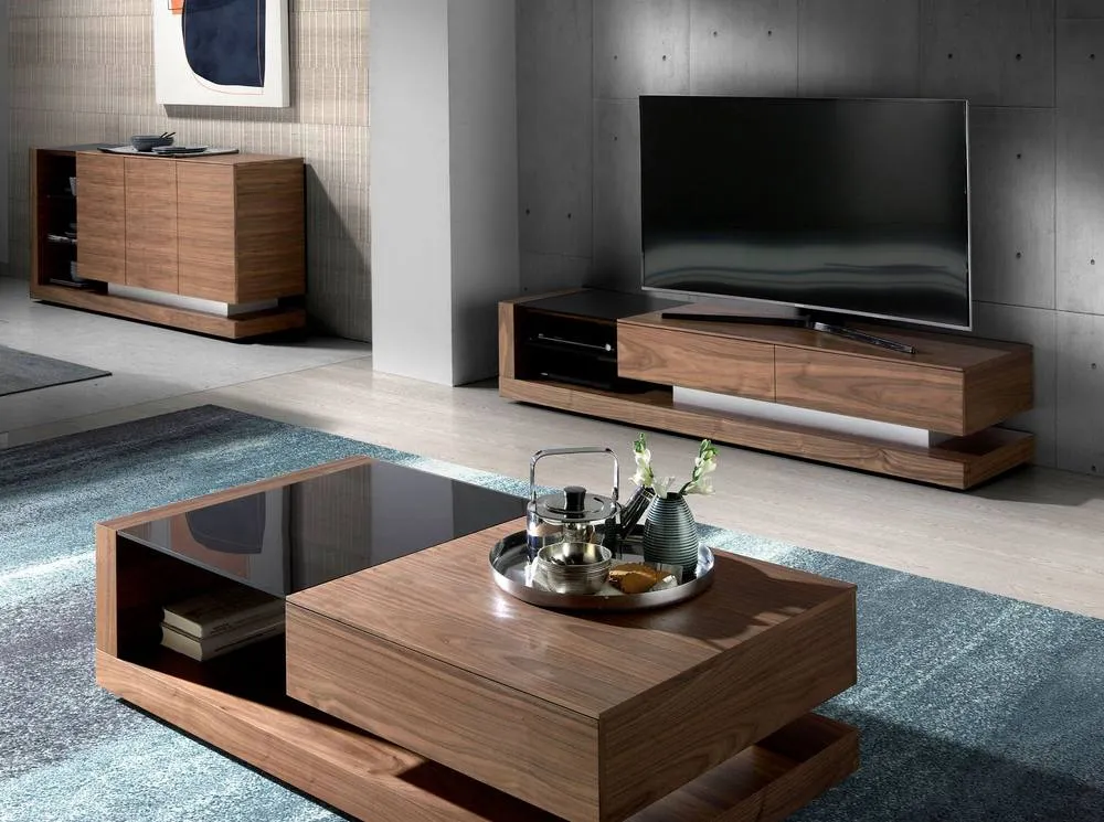 Angel Cerda Walnut TV Cabinet with Black Tinted Glass Top in Brown 6