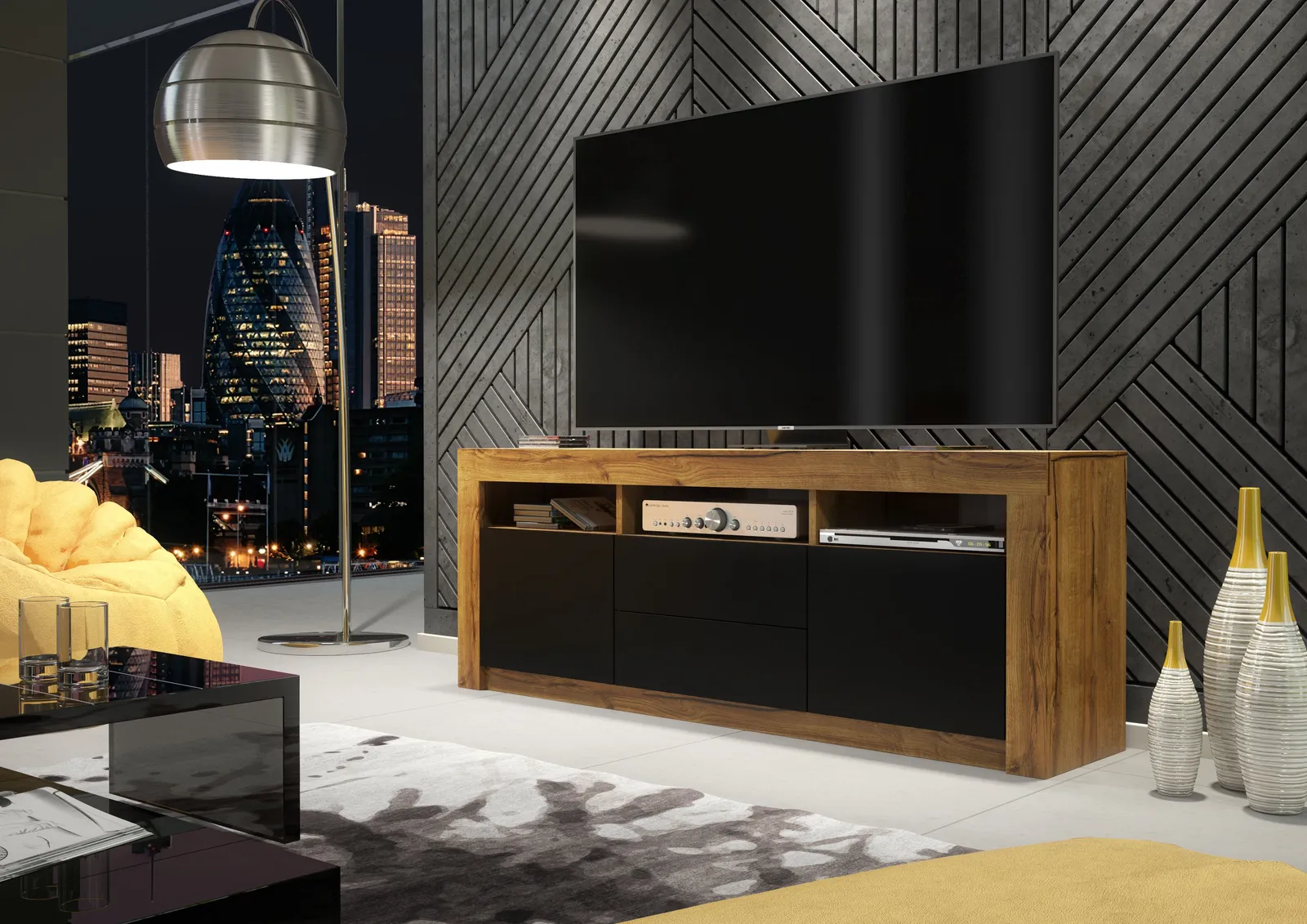 Creative Furniture TV Unit 160cm Modern - Oak with Matt Black Doors in Brown 2