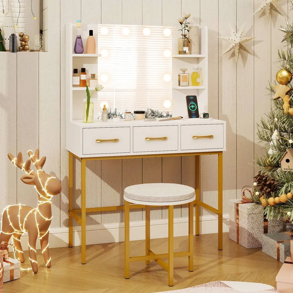 Costway Makeup Dressing Table & Cushioned Stool Set with Mirror & Lights in White 5