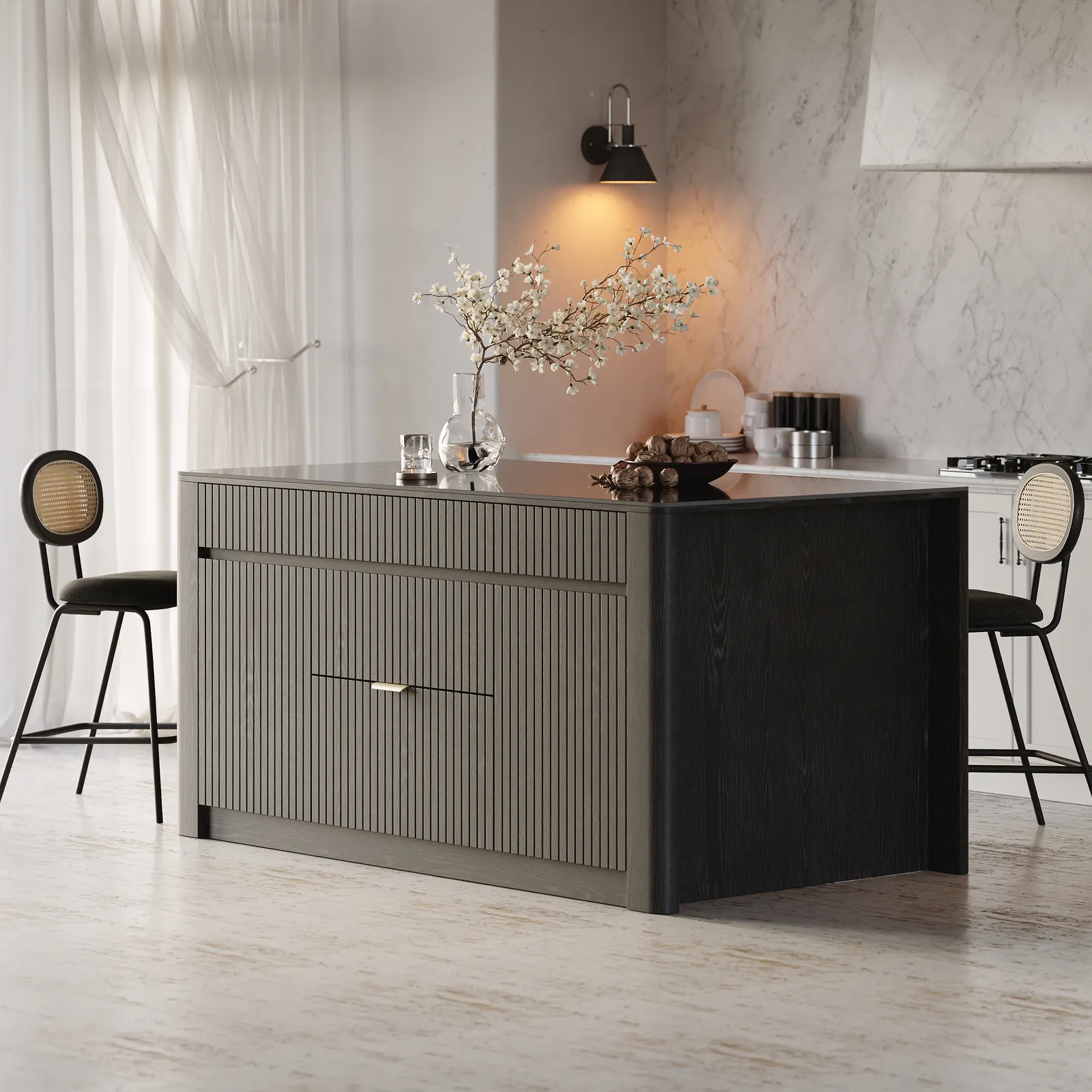 1830mm Kitchen Island Sintered Stone Top with Storage Black Modern