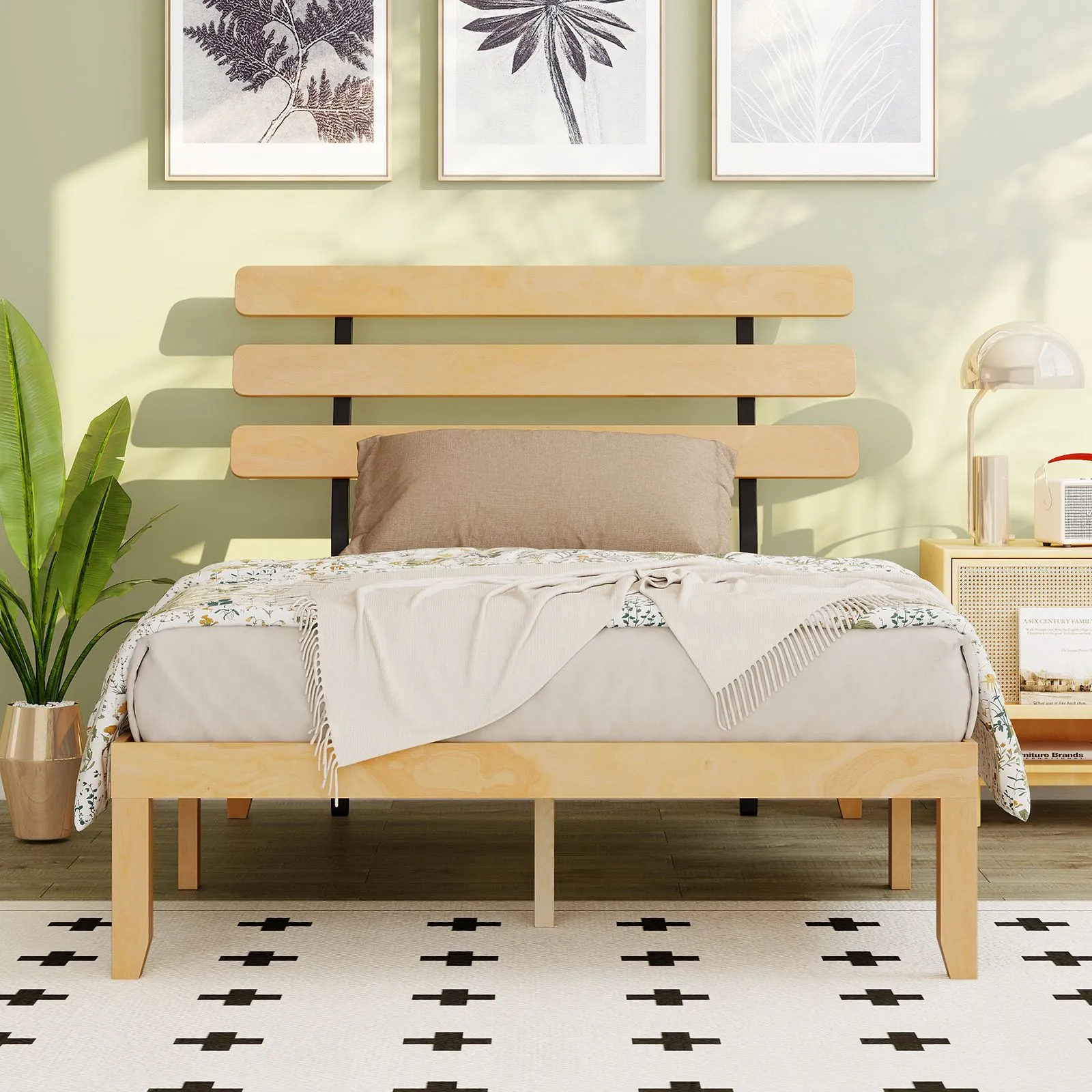 Costway Double Size Bed Frame Solid Wood Platform Bed w/ Retro Headboard in Natural 4