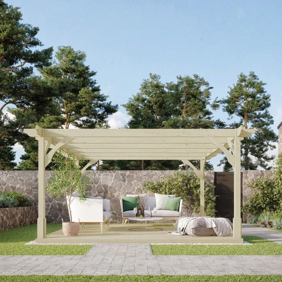 Rutland County Garden Furniture Ltd Premium Pergola & Decking Kit, L300 x W300 x H270 cm, Rustic Brown in Light Green 4