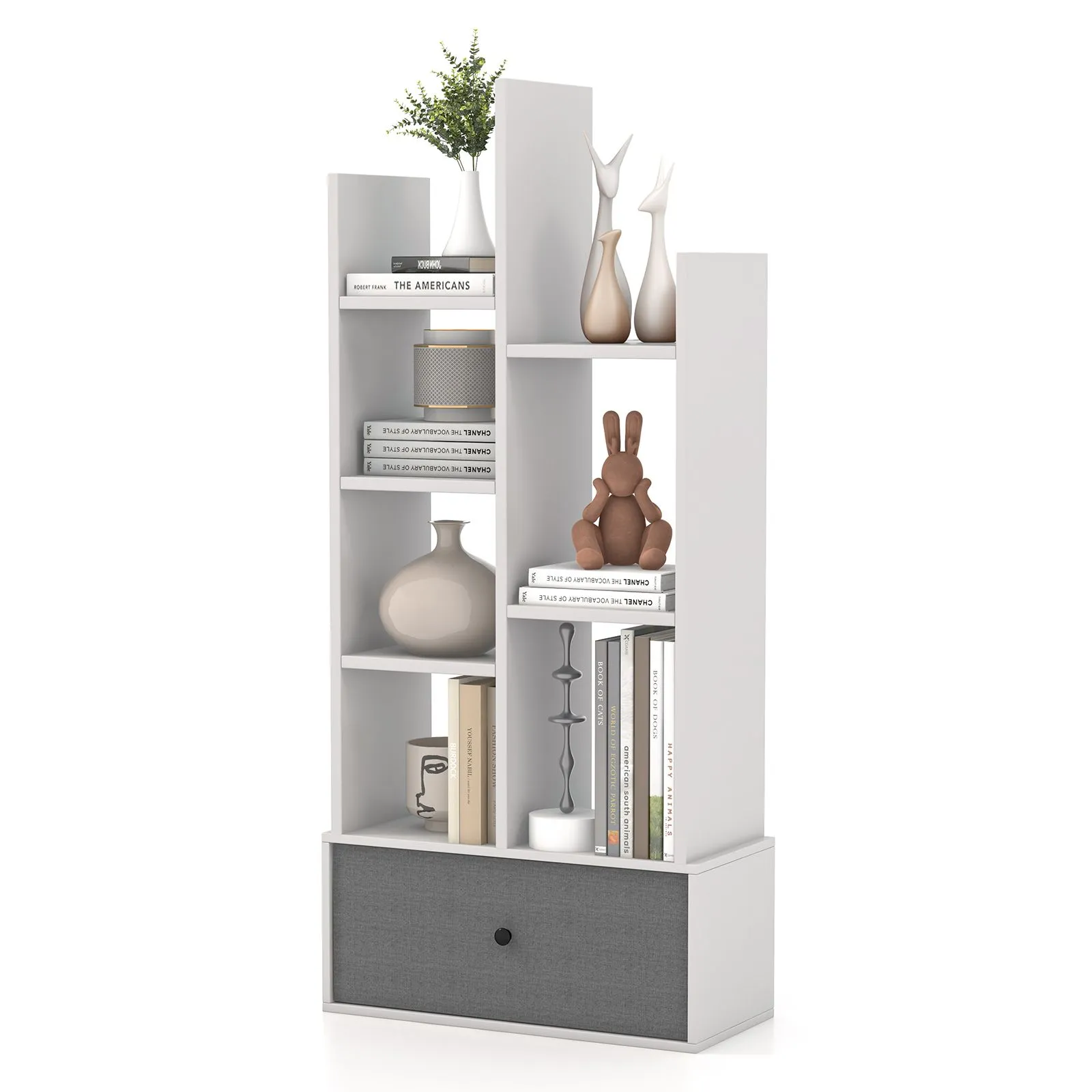 Costway 7 Tier Bookshelf Open Storage Wood Bookcase Organizer Display Shelf w/ Drawer in White 5