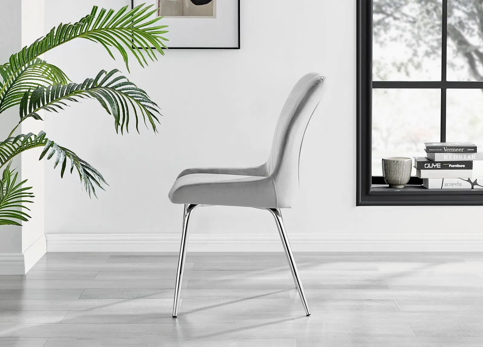 FurnitureboxUK Set of 2 Nora Deep Padded Luxurious Dining Chairs Upholstered In Soft Velvet With Chrome Legs in Light Grey 4