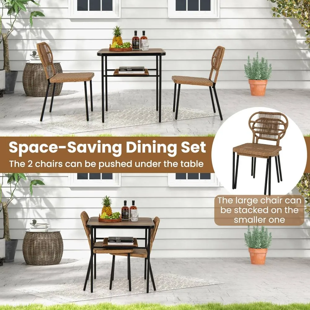 Costway 3 Piece Patio Dining Set 2 Varied-Size Stackable Rattan Chairs-Natural in Brown 2