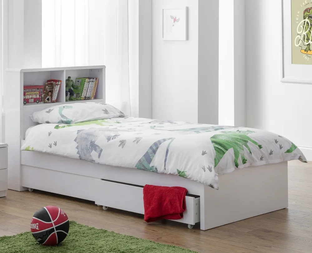 Manhattan Gloss White Wooden 2 Drawer Storage Bookcase Bed Frame - 3ft Single