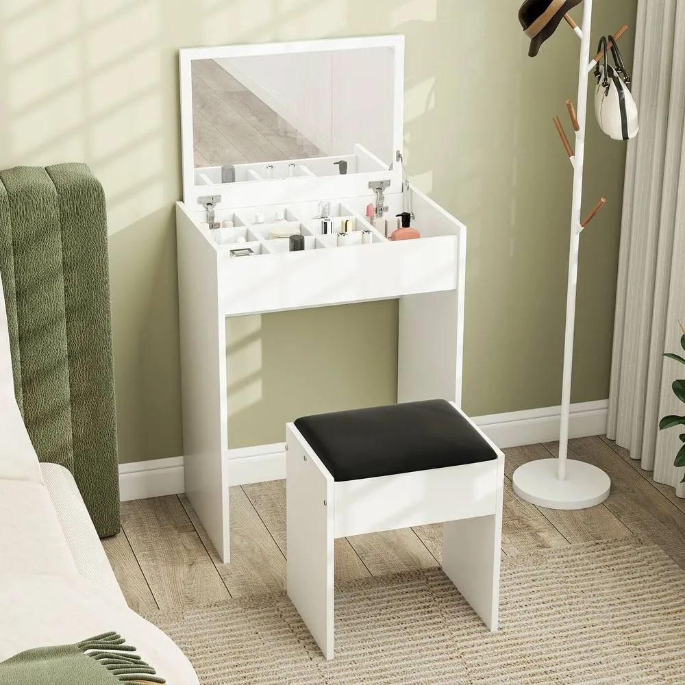 HOMCOM Dressing Table Set Padded Stool with Flip-up Mirror Multi-purpose in White