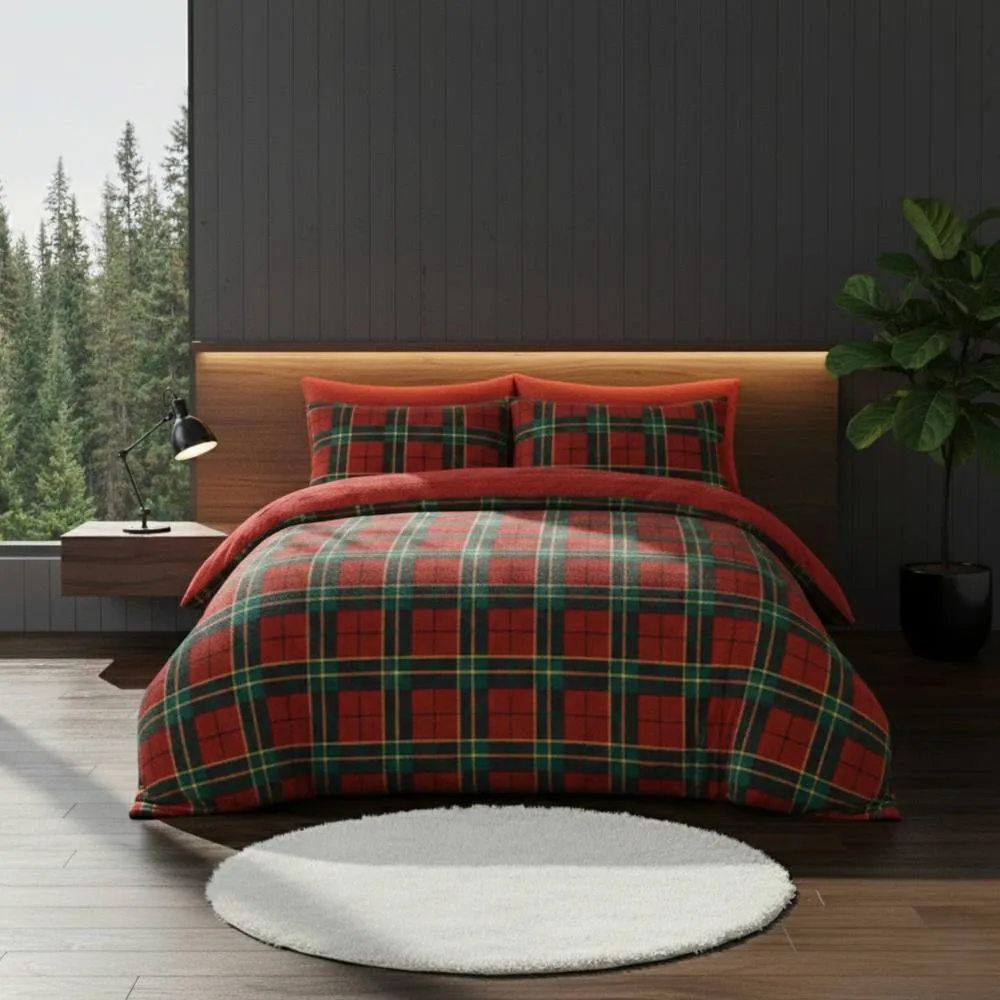 Snug City Ultra Soft Teddy Duvet Cover Tartan Check Reversible Fleece Bedding in Red