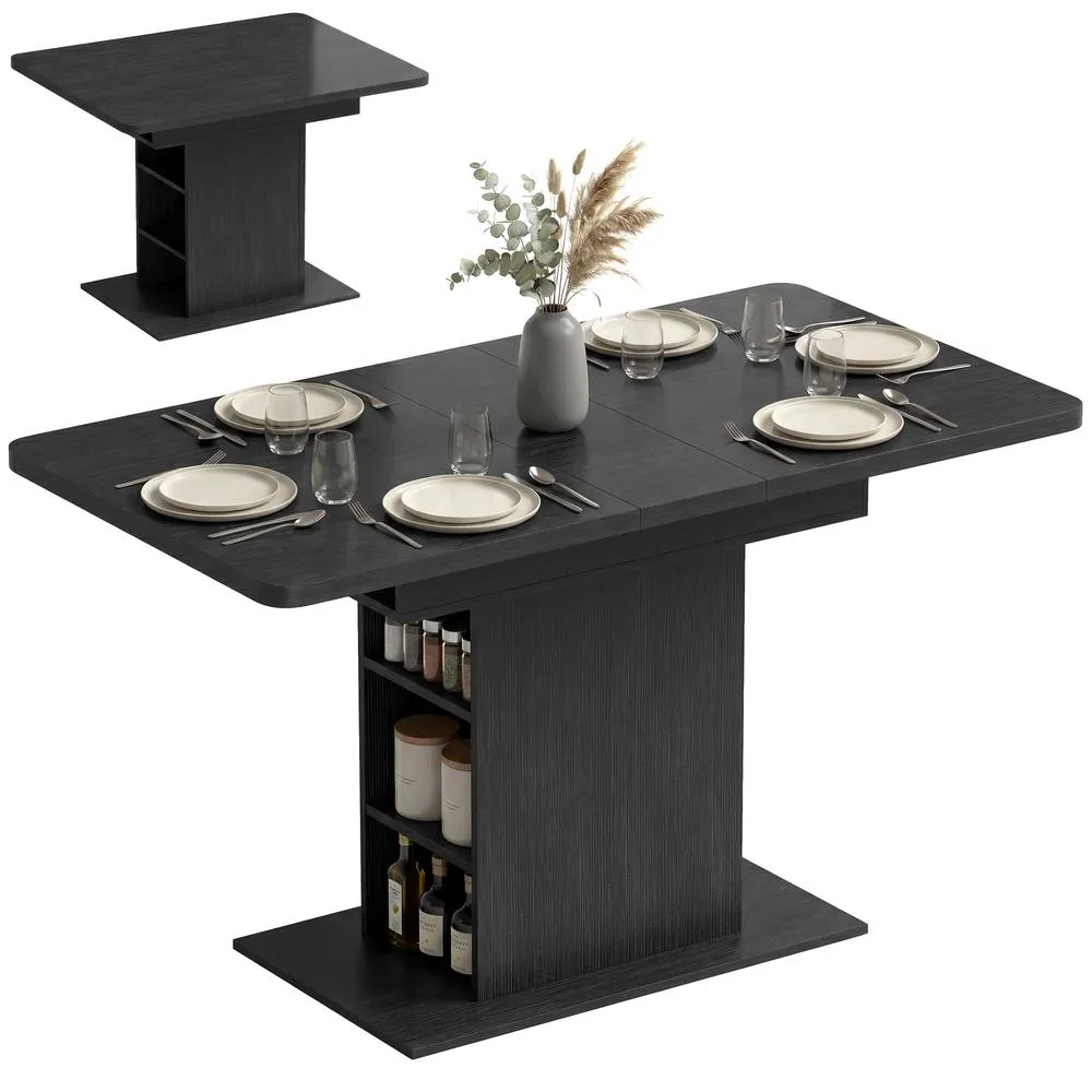 HOMCOM Extendable Dining Table for 4-6, Kitchen Table with Shelves, Black 2