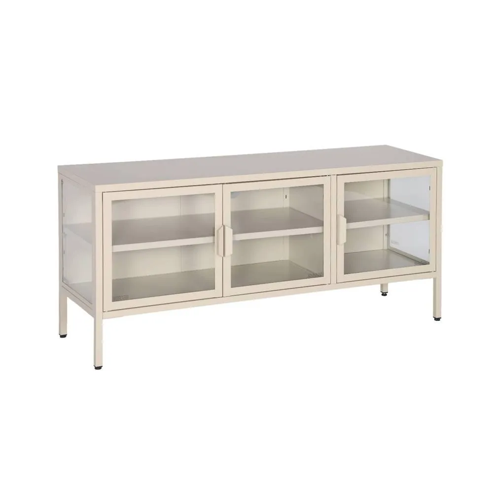 sweeek Industrial metal & tempered glass TV stand with 3 doors 120cm in Beige 2