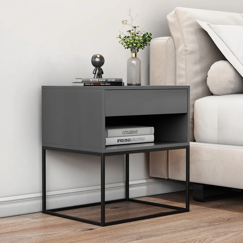 Gray Bedroom Nightstand with Drawer Bedside Table Metal Base Set of 2