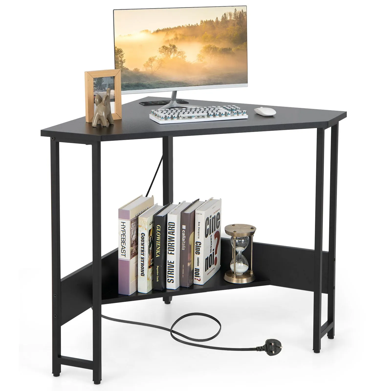 Costway Corner Desk Triangle Computer Desk Laptop Desk w/ Power Outlet in Black 2