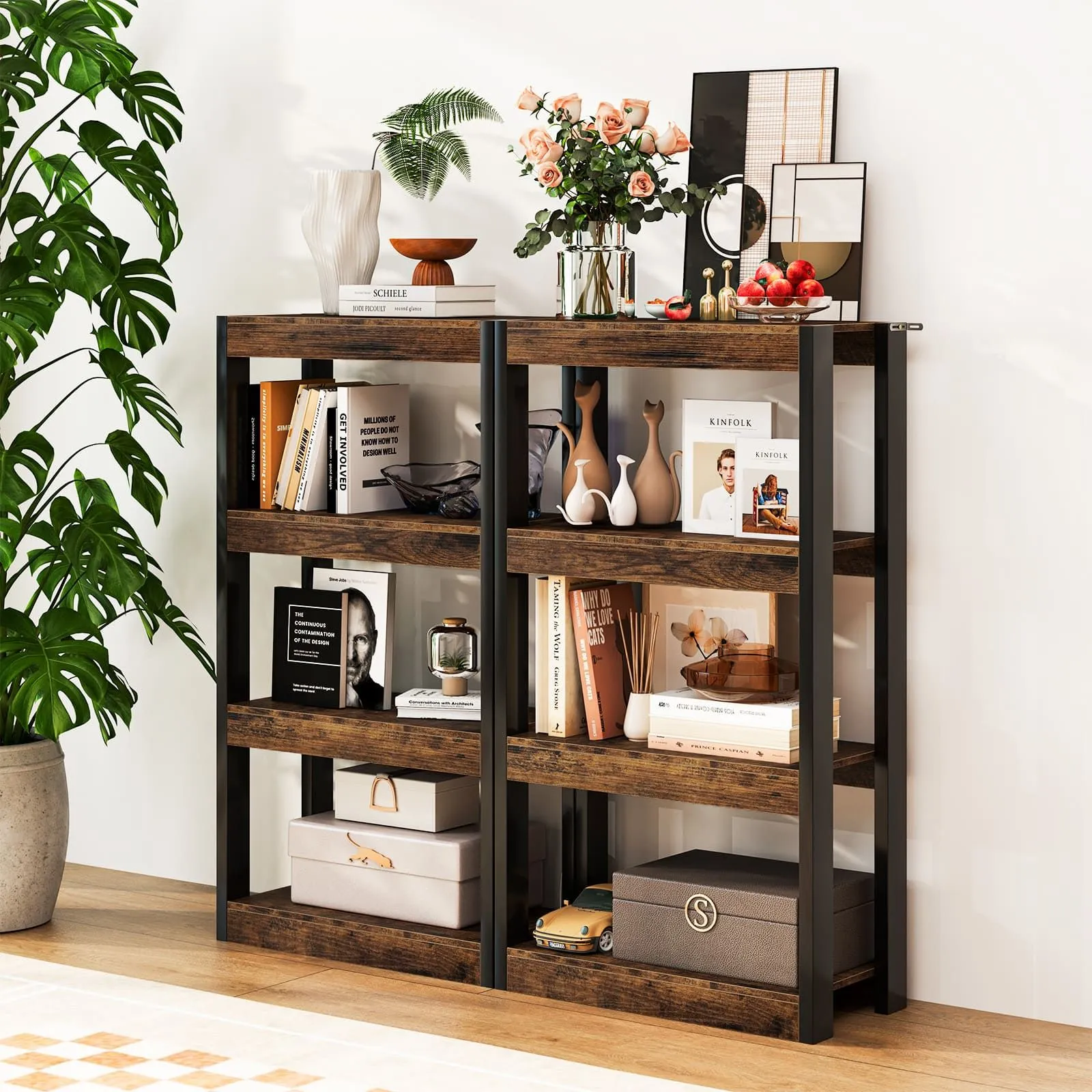 Costway 4 Tier Bookshelf Wooden Bookcase with Dual Anti-Tipping Kits-Coffee in Brown 6