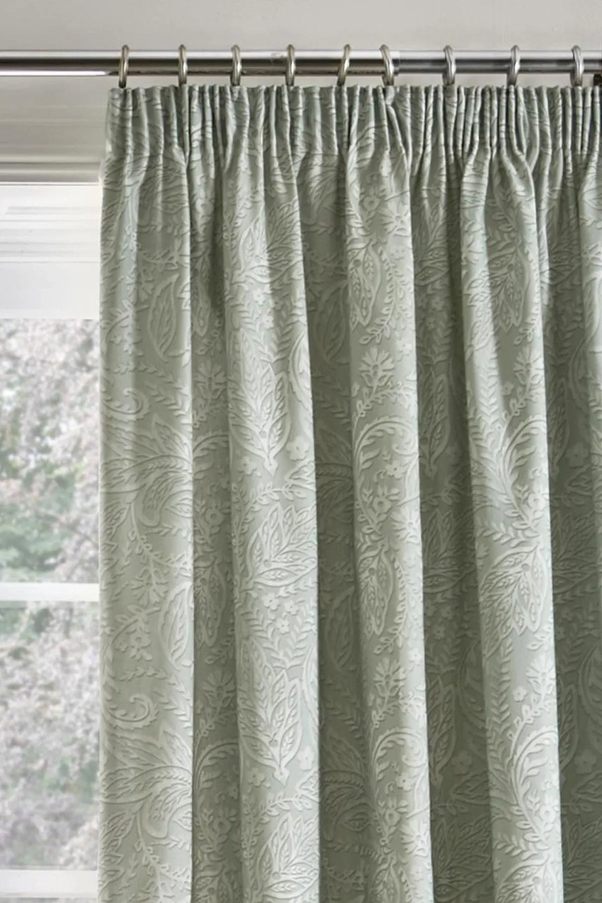 Dreams & Drapes 'Aveline' 100% Cotton Pair of Pencil Pleat Curtains With Tie-Backs in Green 3