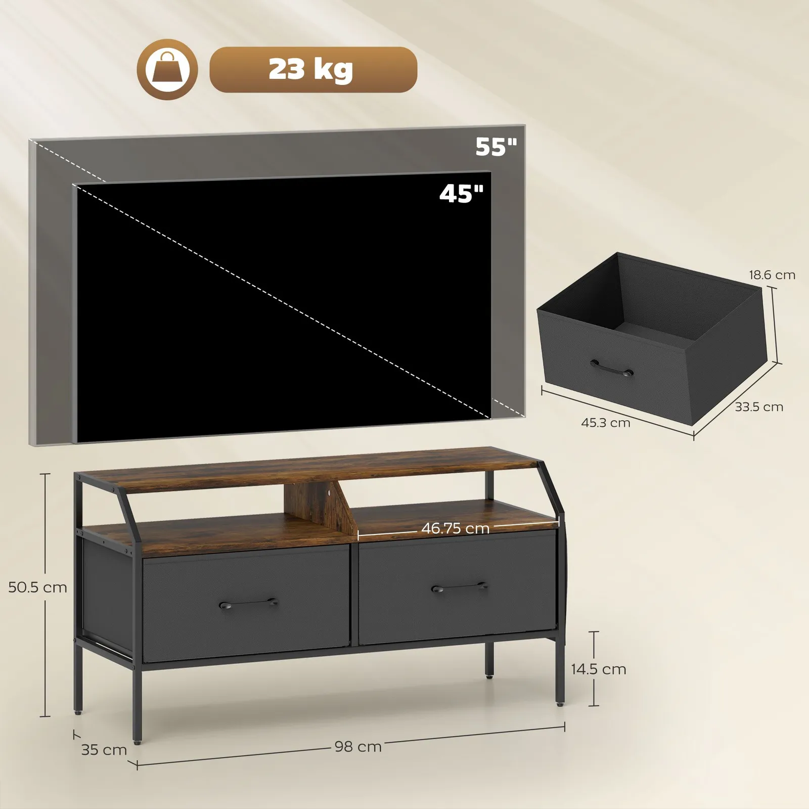 HOMCOM TV Stand Cabinet with 2 Foldable Drawers, Rustic Brown 3