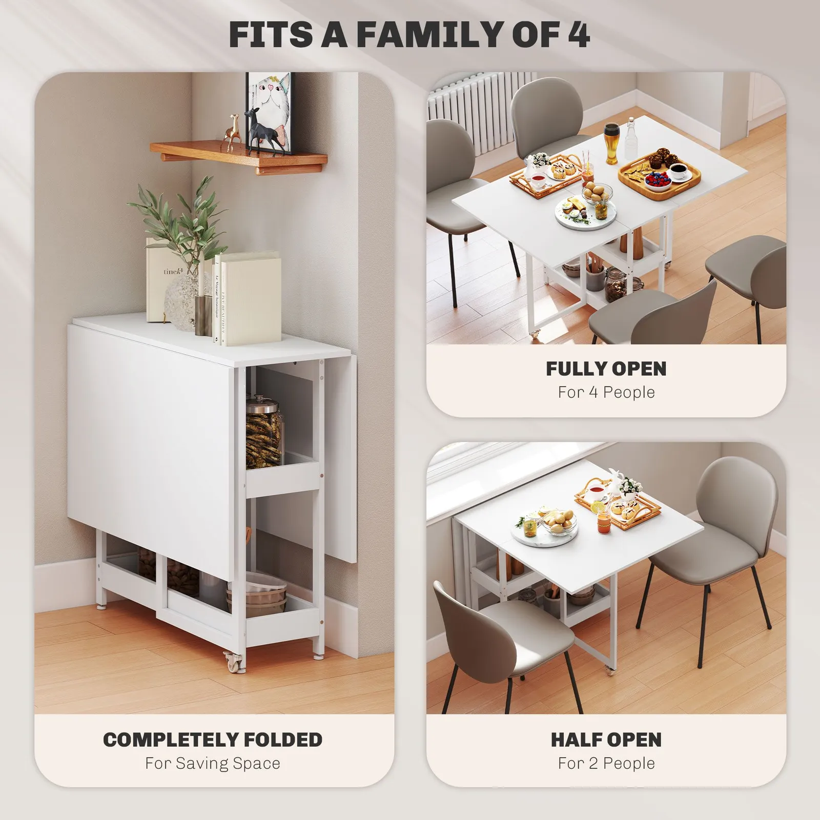 HOMCOM Folding Dining Table, Drop Leaf Table with Open Compartments in White 4