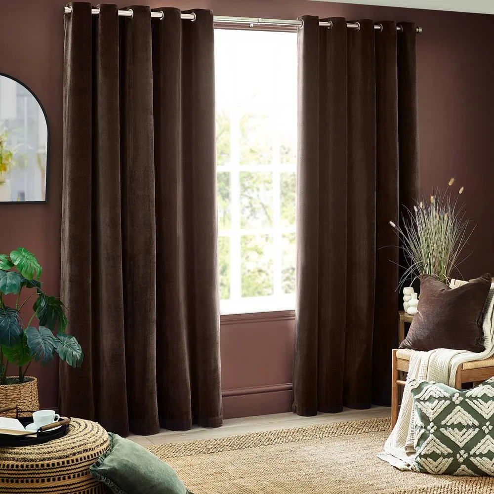 Yard Heavy Chenille Velvet Room Darkening Eyelet Curtain Pair in Brown 2