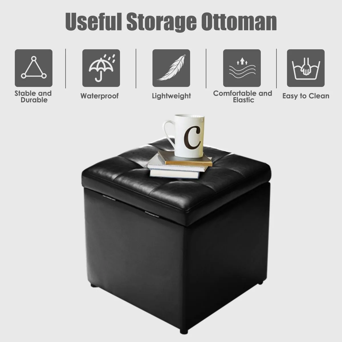 Costway Faux Leather Storage Ottoman Cube Pouffe Storage Toy Box Padded Foot Stool in Black 2