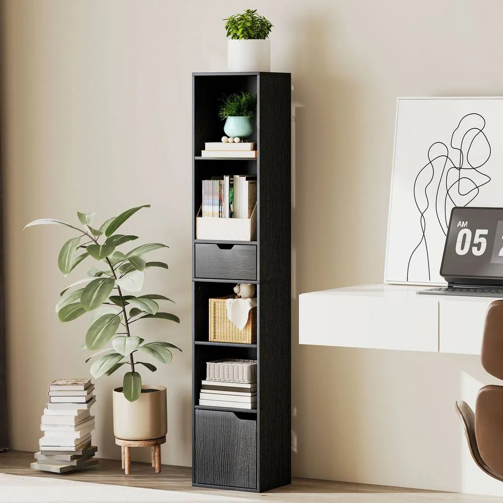 HOMCOM Narrow Bookshelf with Drawer, Tall Bookcase for Living Room in Black 1