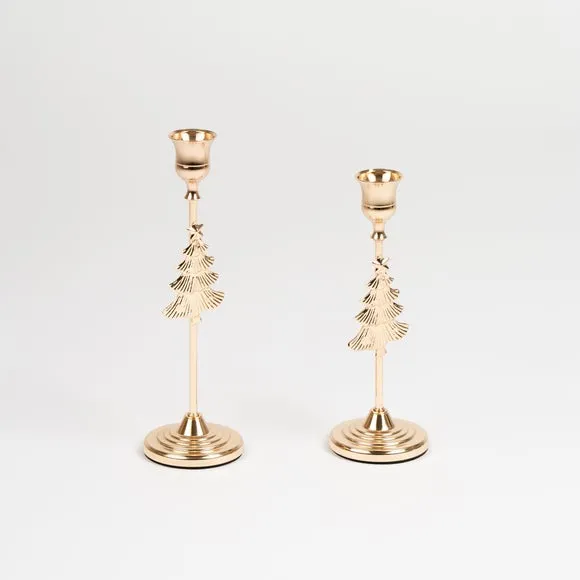 Set of 2 Gold Christmas Tree Candle Holders 2