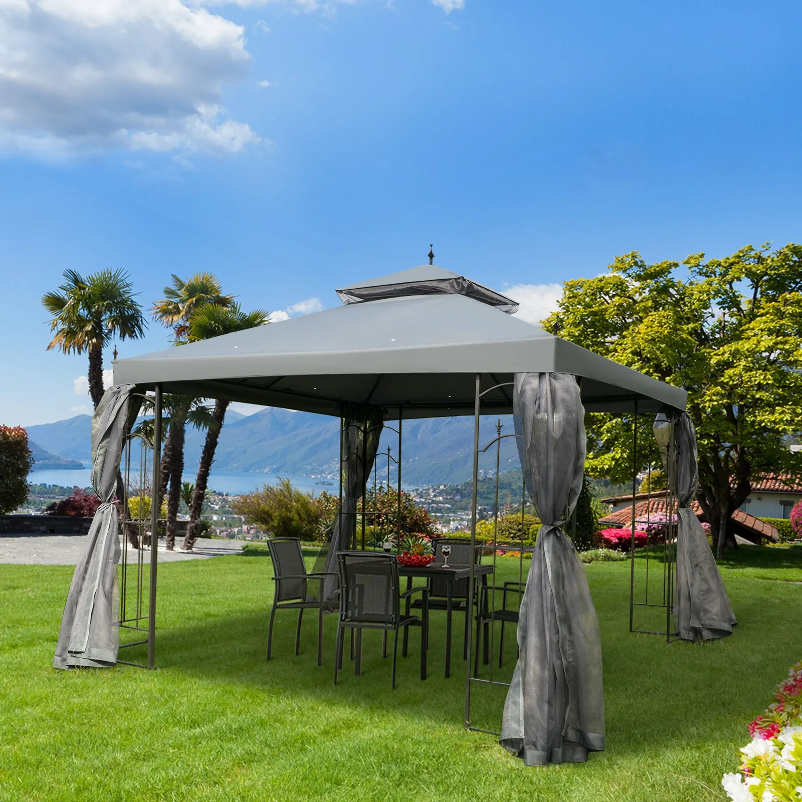 OUTSUNNY 3 x 3(m) Garden Gazebo Double Top Gazebo Canopy w/ Curtains in Grey