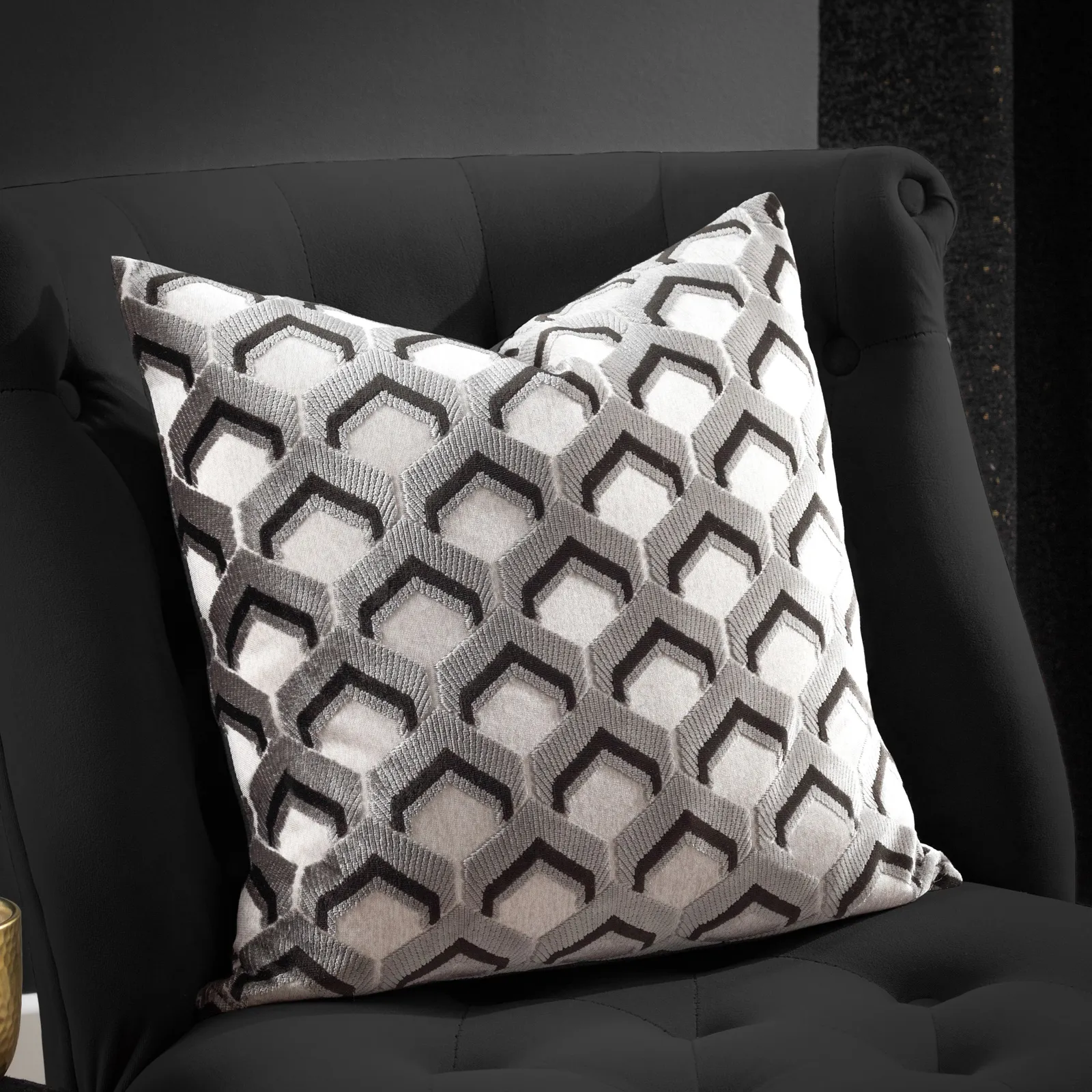 Paoletti Ledbury Geometric Velvet Cushion in Grey