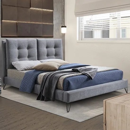 Tuscany Fabric King Size Bed In Light Grey With Black Metal Legs