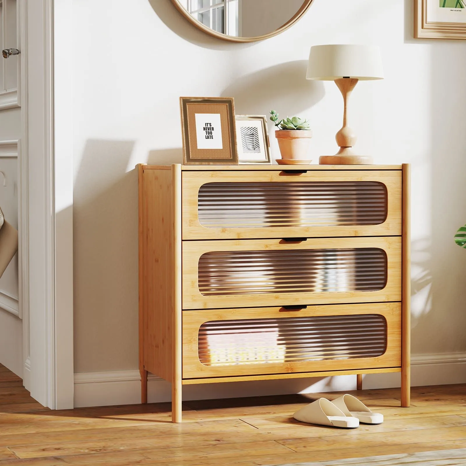 Costway 3-Drawer Dresser Mid Century Modern Chest of Drawers in Natural 4