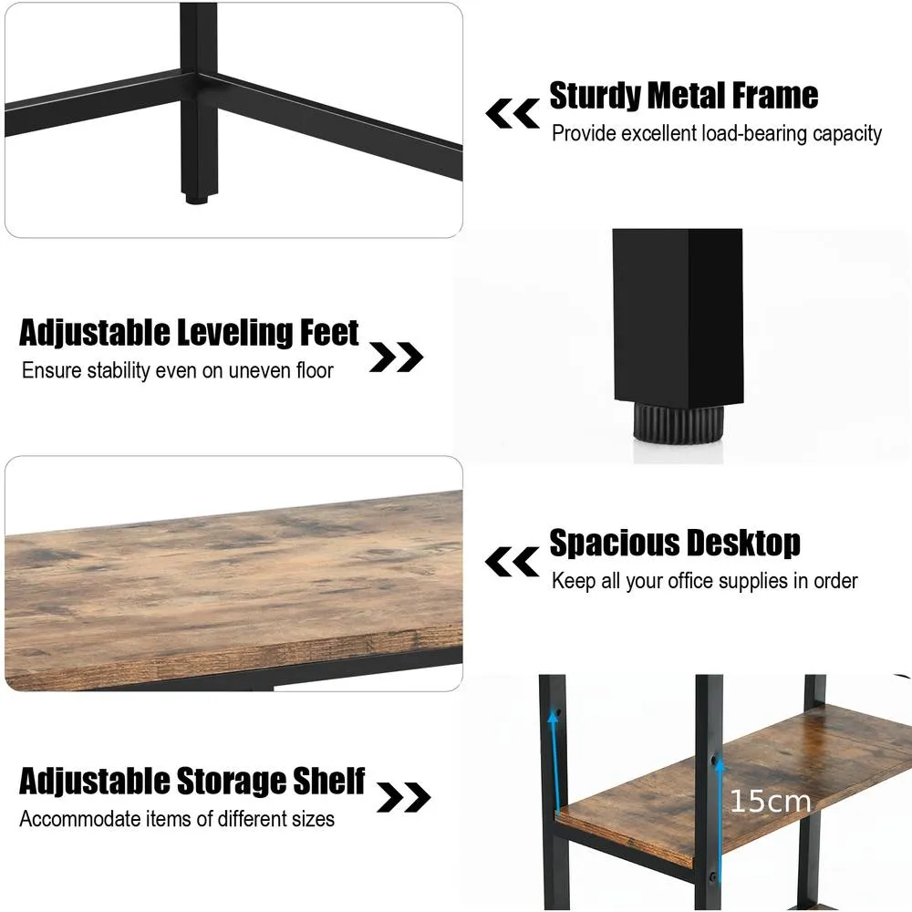 Costway 120x60cm Computer Desk Industrial Writing Table w/Storage Shelves in Brown 4