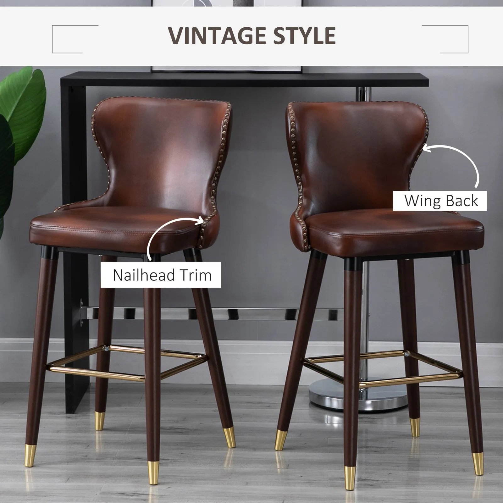 HOMCOM Bar Stools Set of 2, Dining Stools with Backrest, Footrest in Brown 4