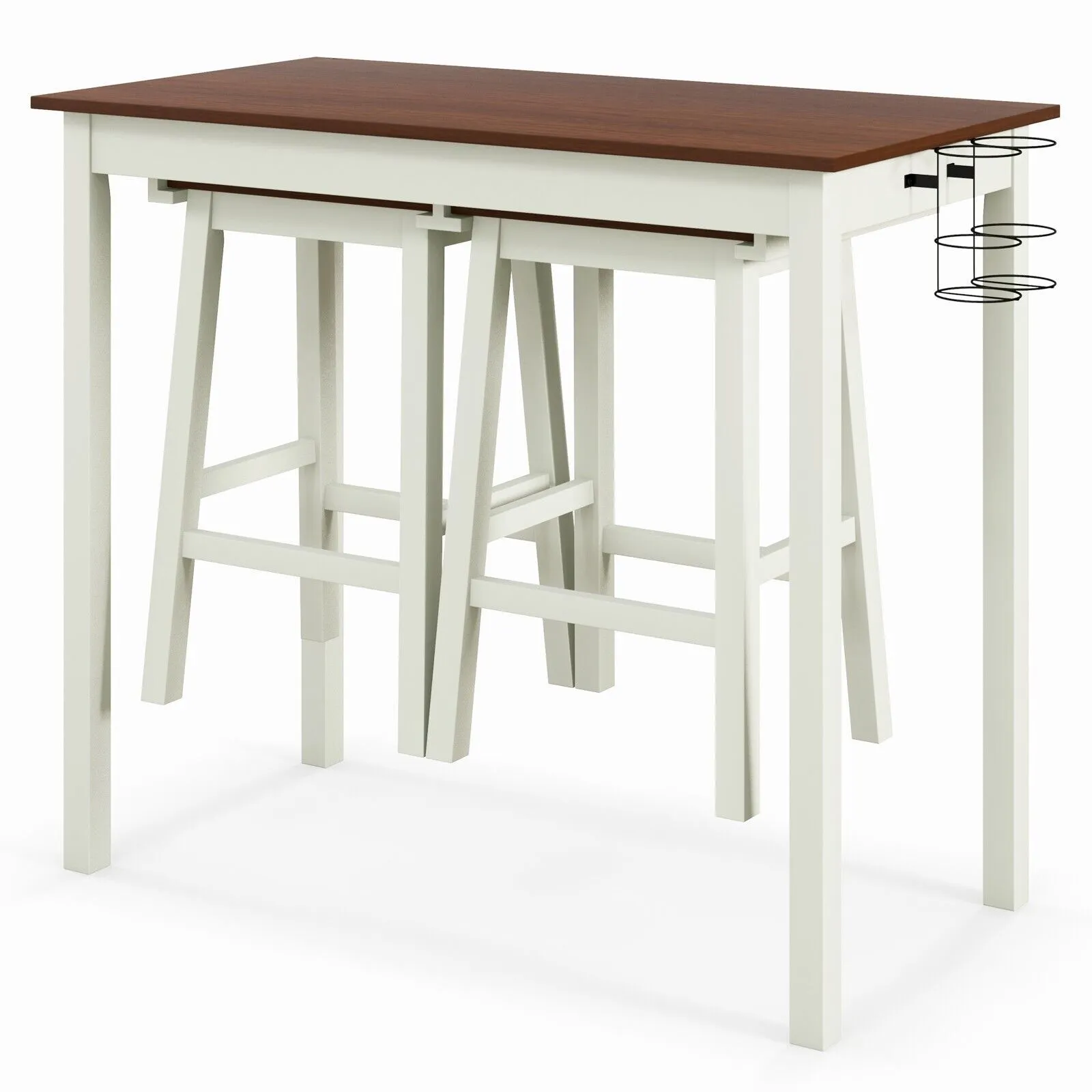 Costway 3Piece Bar Table Set Kitchen Counter Height Pub Table W/Bar Stools SpaceSaving in White 4
