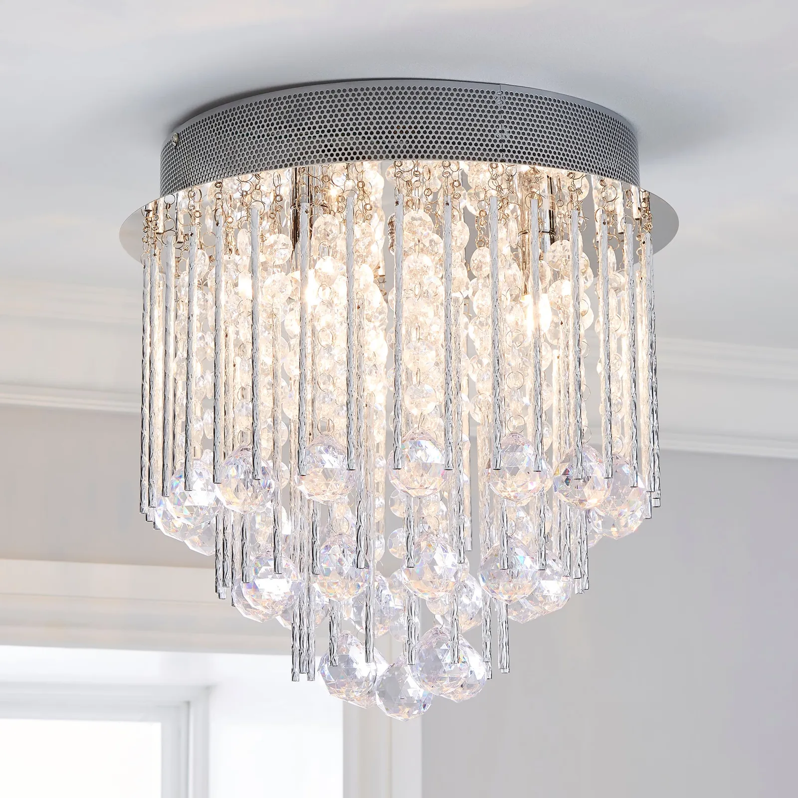 Parika 3 Light Glass Droplet Flush Ceiling Fitting Silver