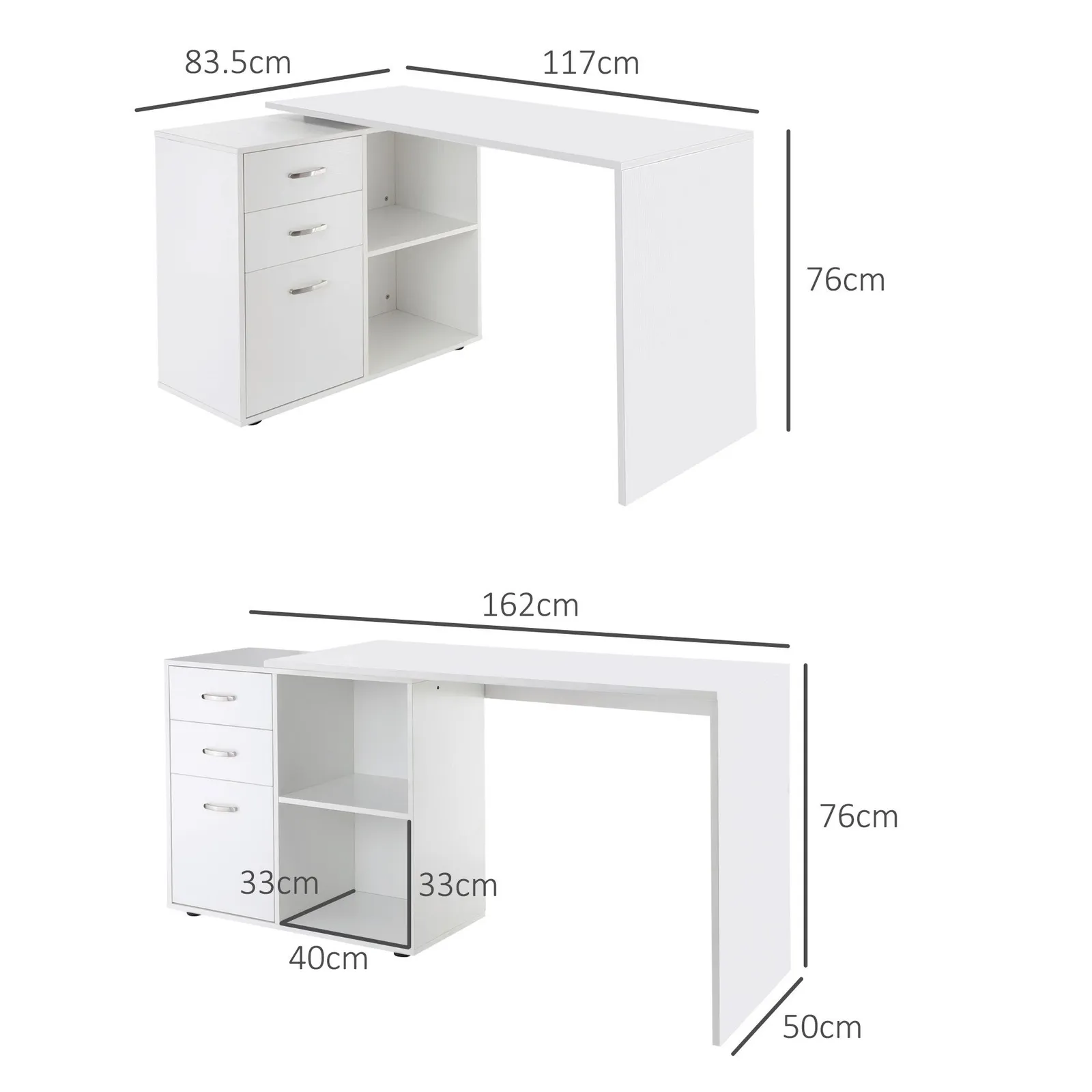 HOMCOM Computer Desk Table Workstation L Shape Drawer Shelf File Cabinet Home in White 3