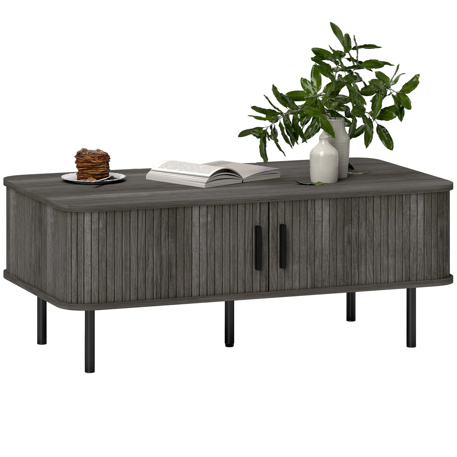 HOMCOM Coffee Table with Storage & Sliding Doors for Living Room in Grey 2