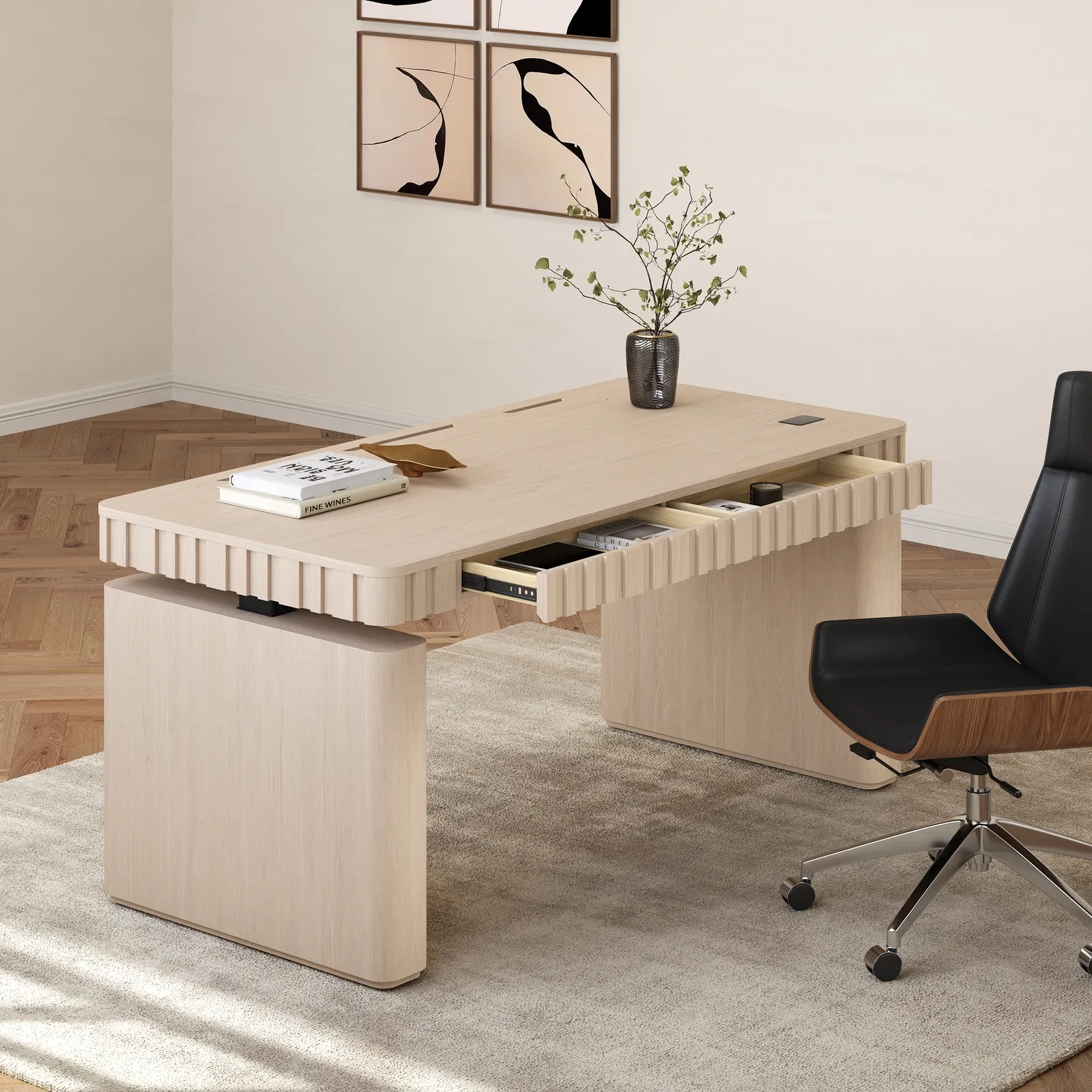 Aura 160 cm Whitewash Fluted Electric Adjustable Standing Desk