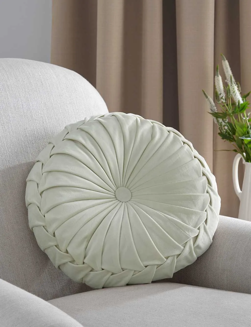 Laura Ashley Rosanna Velvet Round Pleated Cushion Light Green