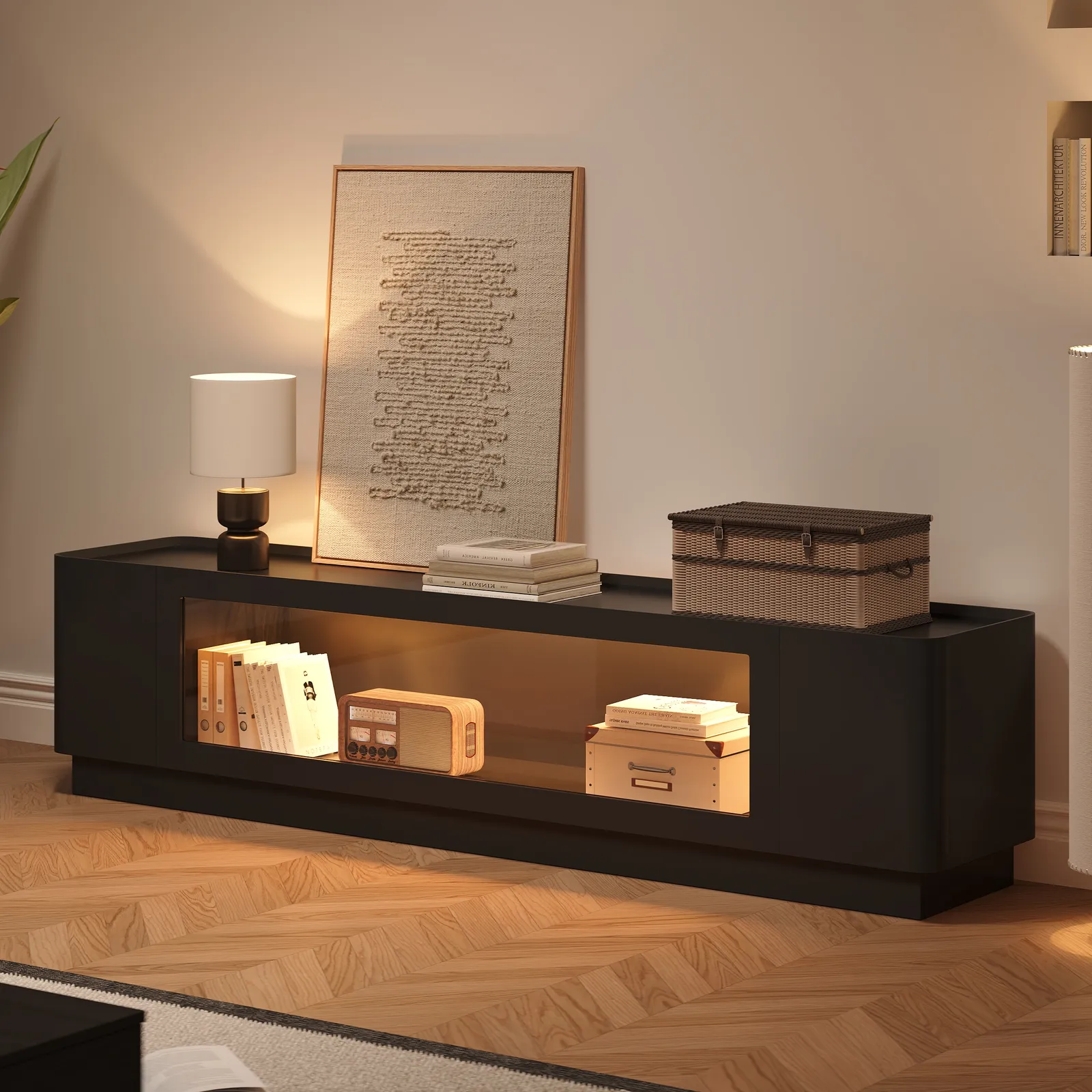 200 cm Glass Door TV Stand Mid Century Modern Wood Media Console with Storage & LED in Black