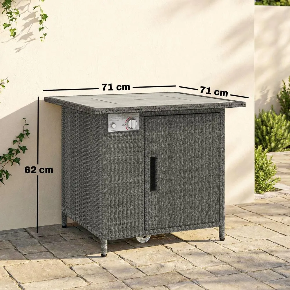 OUTSUNNY Rattan Gas Fire Pit Table with Rain Cover, Wind Guard, 14.5 KW in Grey 3