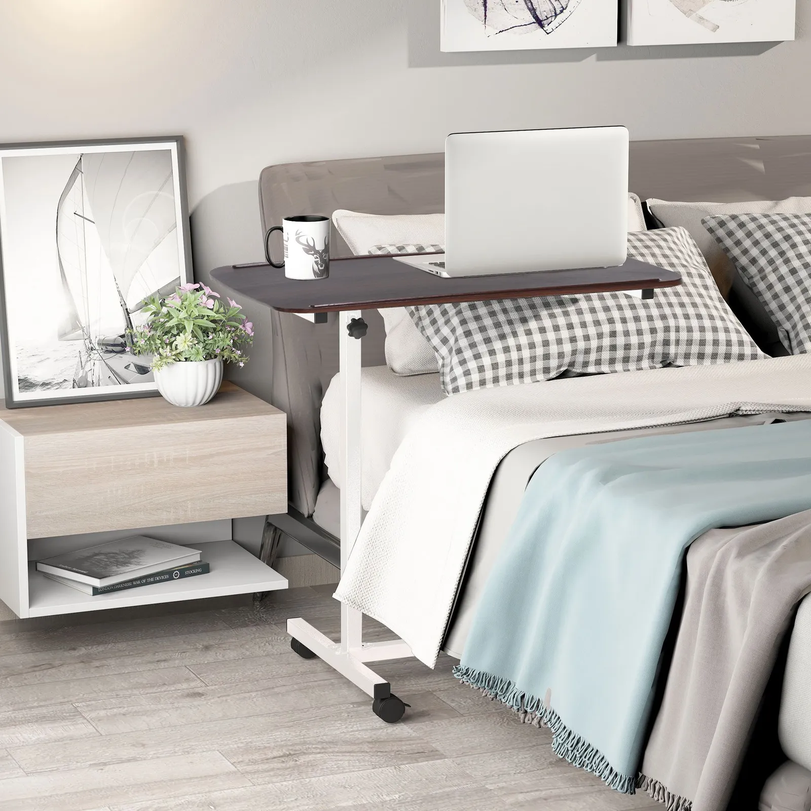 HOMCOM C-Shaped Mobile Table Sofa Over Bed Side Nightstand w/ Casters, Brake in Brown